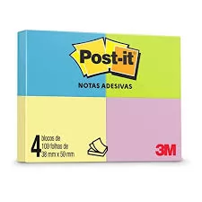 BLOCO DE ANOTACAO ADESIVO 38X50 CORES C/4 BLOCOS DE 100 FOLHAS POST IT 3M