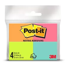 BLOCO DE ANOTACAO ADESIVO 38X50 NEON CORES TROPICAL C/4 BLOCOS DE 50 FOLHAS 3M