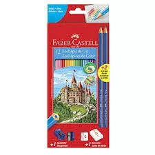 LAPIS DE COR 12 CORES + APONTADOR + BORRACHA + 2 LAPIS FABER CASTELL