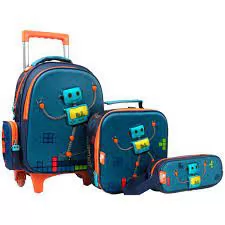 KIT MOCHILA DE RODINHA + ESTOJO + LANCHEIRA ROBO/FOGUETE YINS KIDS