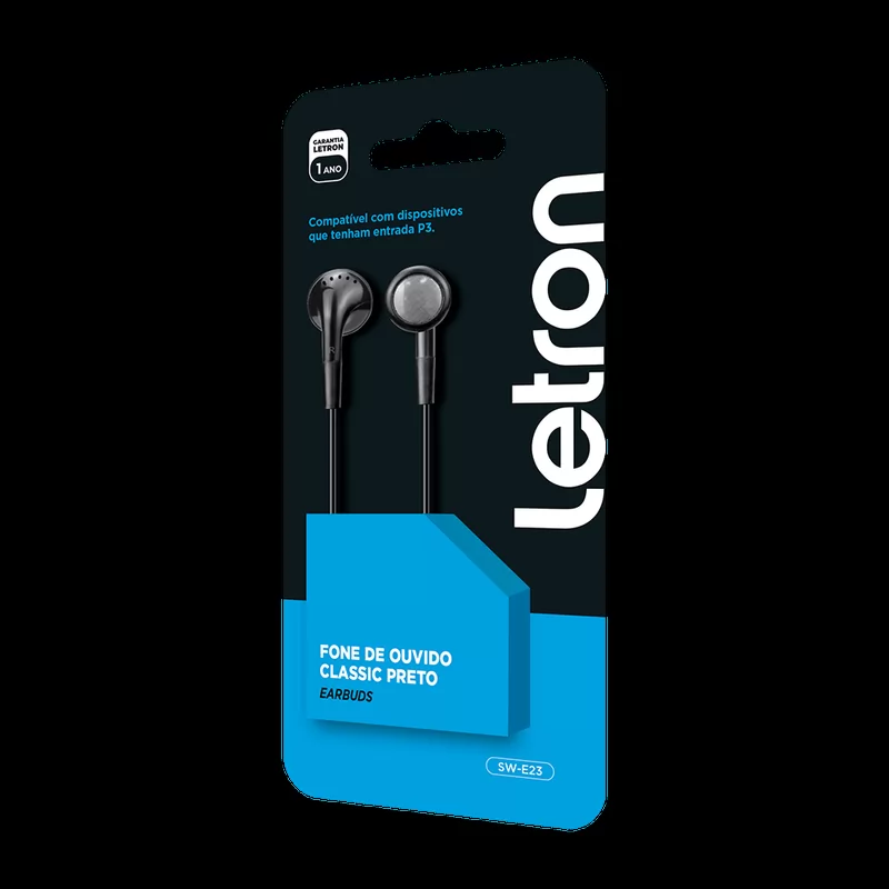 FONE DE OUVIDO CLASSIC PRETO/BRANCO EARBUDS COM FIO E MICROFONE LETRON