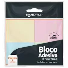BLOCO ADESIVO COLORIDO PASTEL 38MMX50MM  100F JOCAR OFFICE