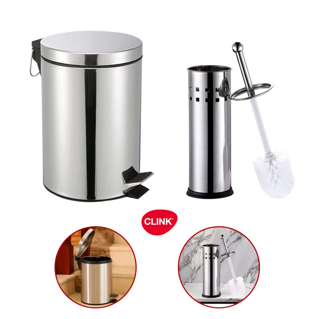 KIT 1 LIXEIRA 5L E 1 ESCOVA SANITARIA ACO INOX CLINK
