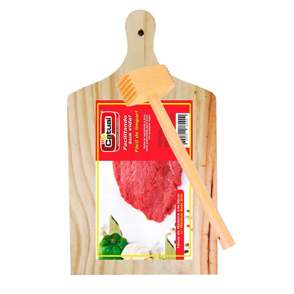 TABUA DE MADEIRA COM MARTELO BATE BIFE 14X30CM