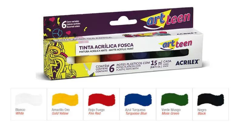TINTA ACRÍLICA FOSCA 15ML COM 6 CORES ACRILEX