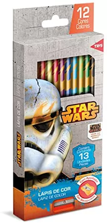 LÁPIS COR 12 CORES SEXTAVADO TRIS STAR WARS + APONTADOR