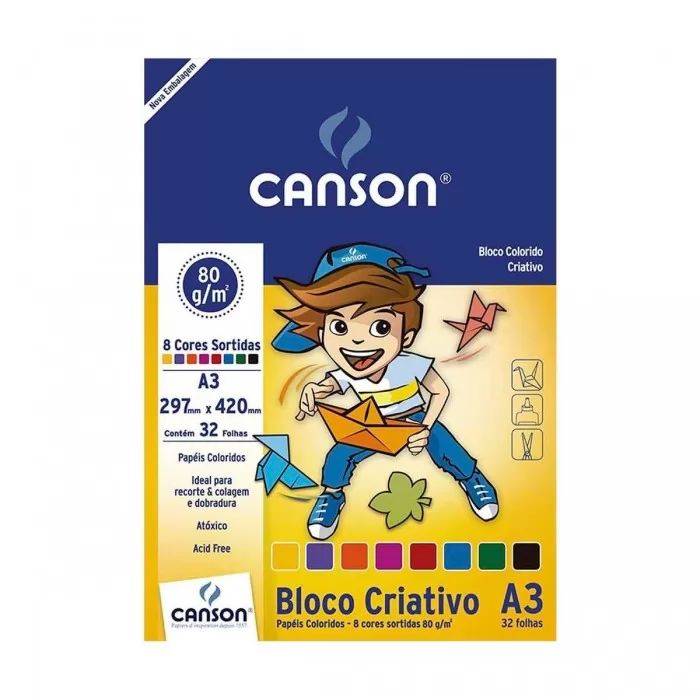 BLOCO ESCOLAR PAPEL COLORIDO CRIATIVO 8 CORES 80G A3- CANSON
