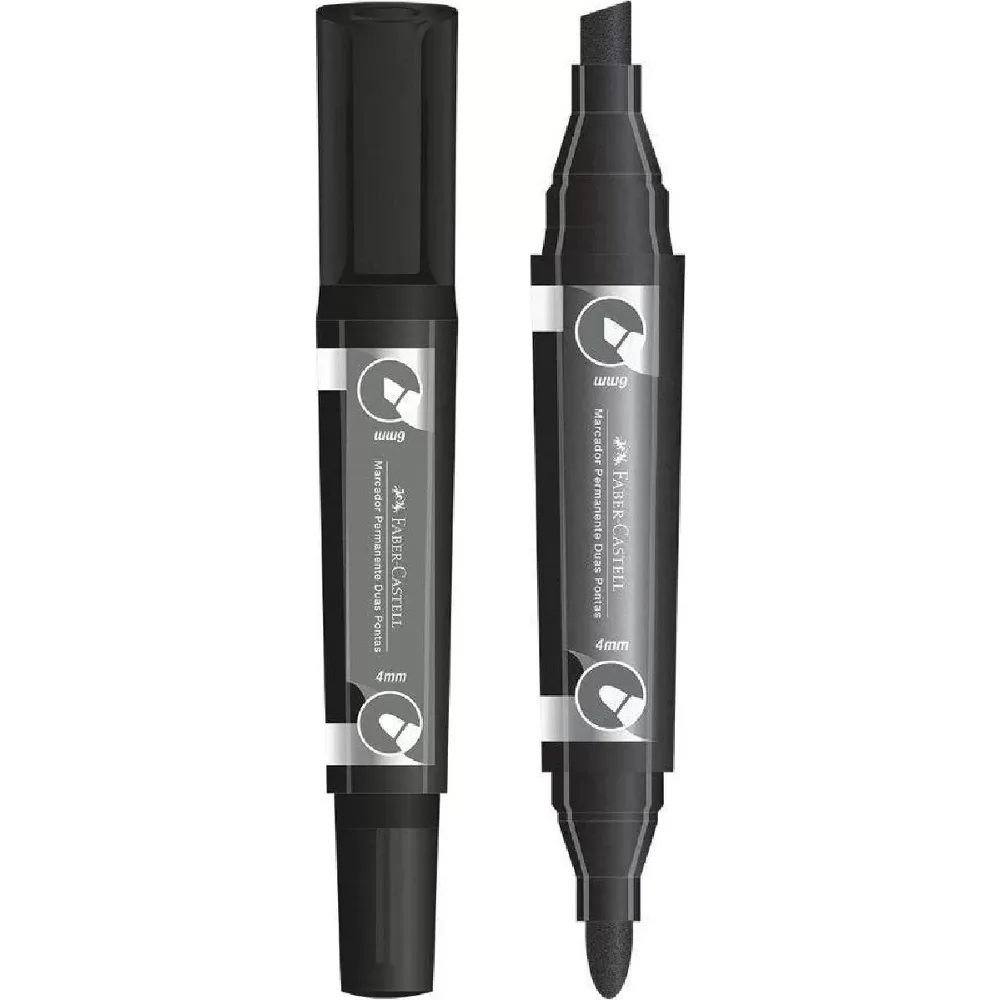 MARCADOR PERMANENTE DUAS PONTAS PRETO 4MM REDONDO E 6MM CHANFRADA - FABER CASTELL
