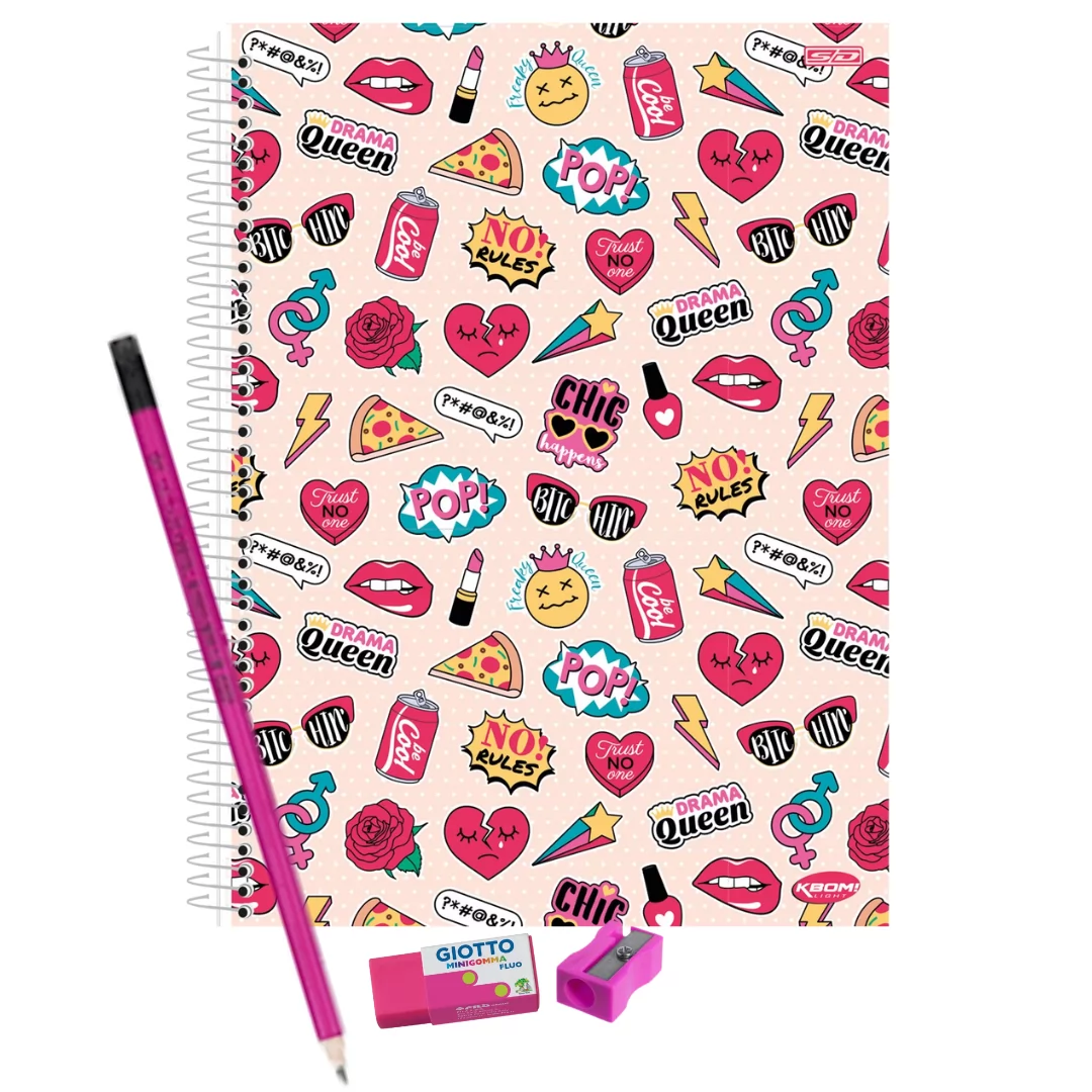 KIT ESCOLAR FEM CADERNO 96FLS + LÁPIS DE ESCREVER + BORRACHA + APONTADOR UN.