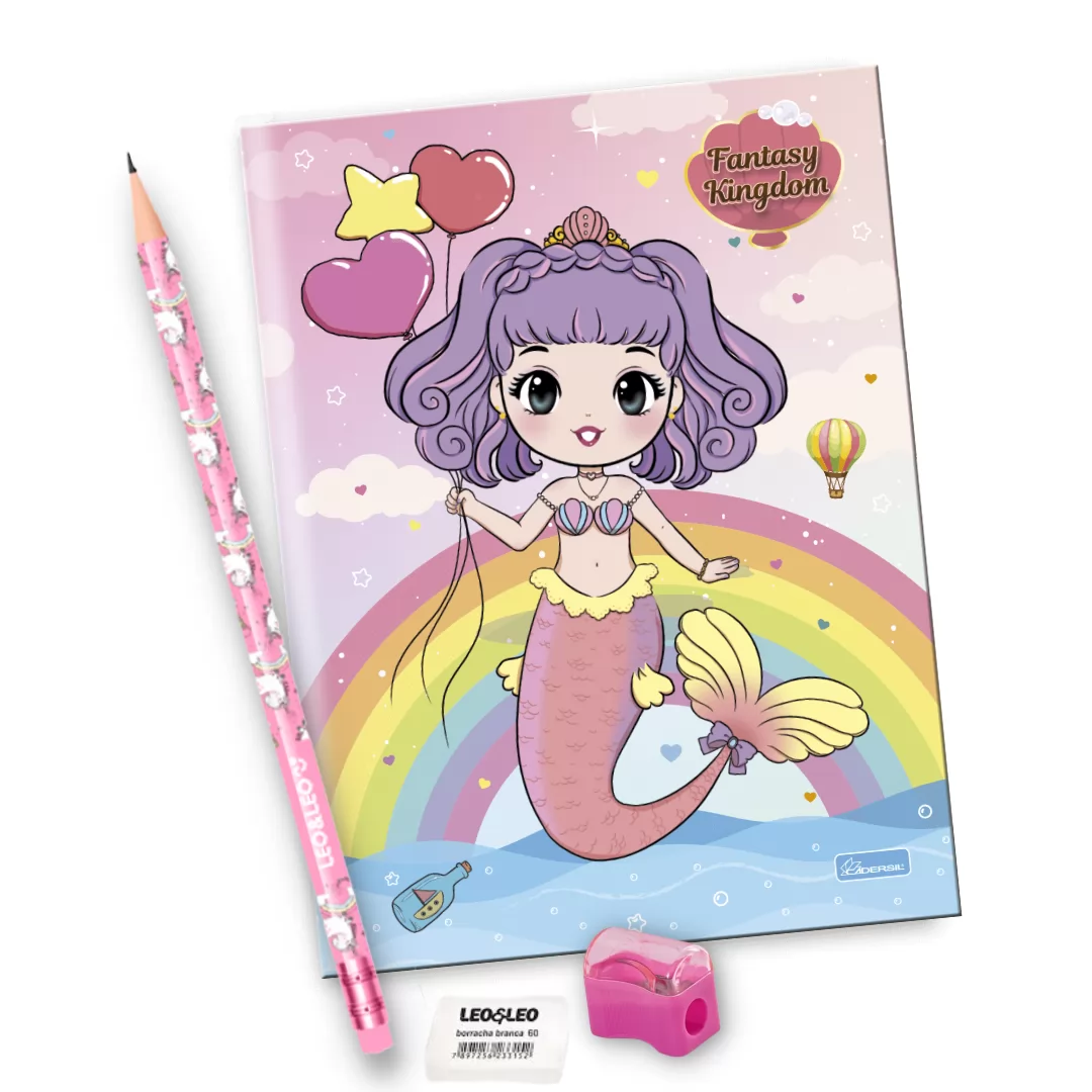 KIT ESCOLAR FEM CADERNO BROCHURA 1/4 80FLS + LÁPIS DE ESCREVER + BORRACHA + APONTADOR