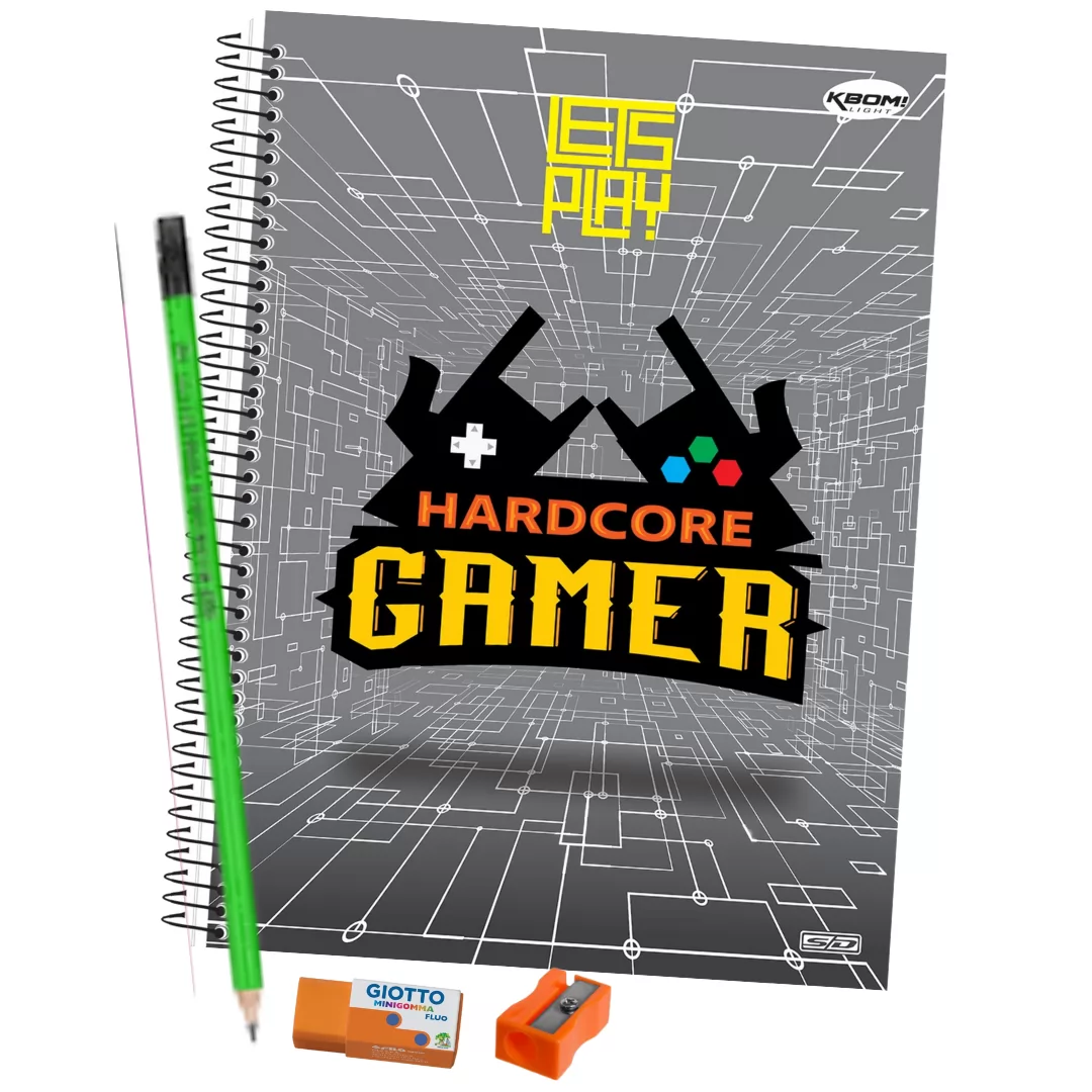 KIT ESCOLAR MASC CADERNO 96FLS + LÁPIS DE ESCREVER + BORRACHA + APONTADOR UN.