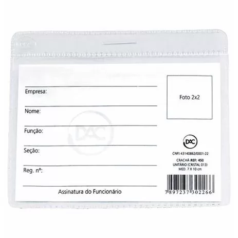 CRACHA (SEM PRESILHA) TRANSPARENTE 7X10 CM. (0,13) - DAC