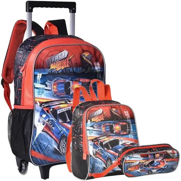 KIT MOCHILA COM RODAS + LANCHEIRA + ESTOJO - FAST MACHINE CLIO