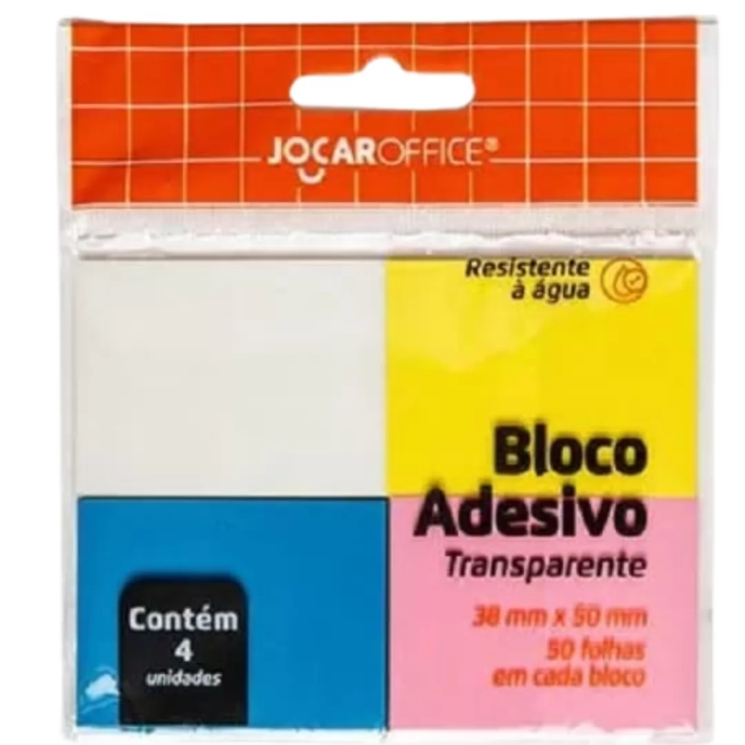 BLOCO ADESIVO TRANSPARENTE 4 CORES 38MMX50MM 50F CADA -  JOCAR OFFICE