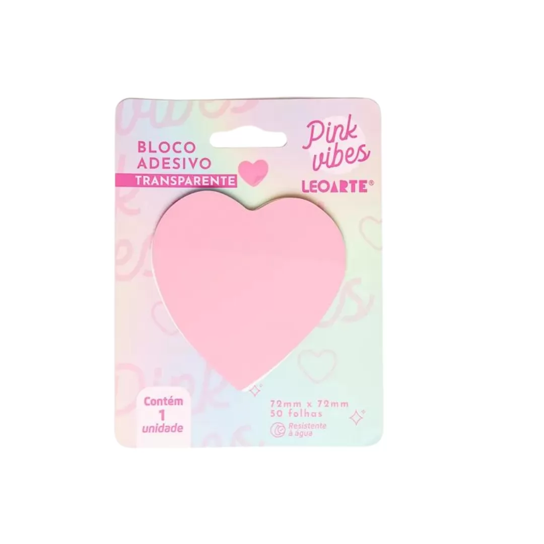 BLOCO ADESIVO PINK VIBES TRANSPARENTE CORACAO 72MMX72MM 50F LEOARTE