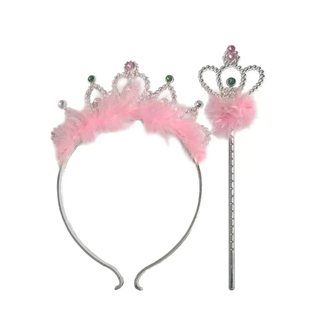 TIARA COROA E VARINHA PLUMA ROSA - CHARME (20X11 E 20X5,5CM)