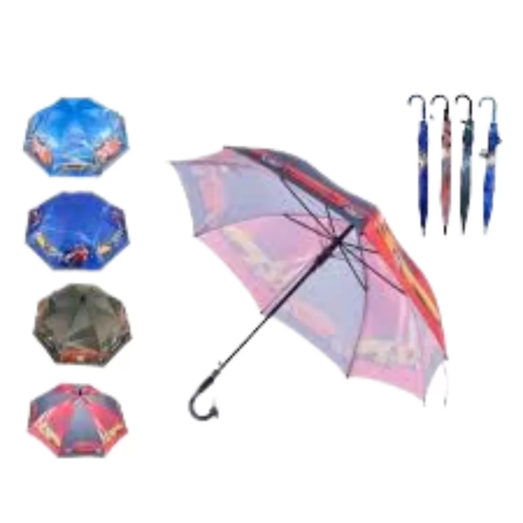 GUARDA CHUVA INFANTIL MASCULINO C/8 VARETAS COM HASTES EM METAL FIXAS E FIBRA IPERMEAVEL 50CM COM CABO RETO PLÁSTICO