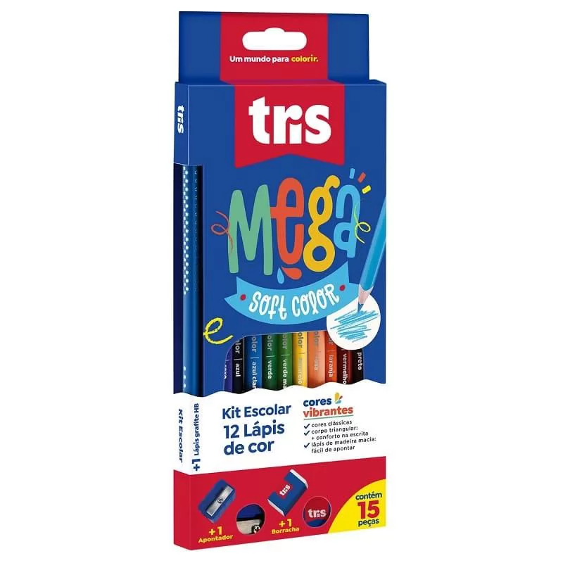 LAPIS COR MEGASOFT 12 CORES+APONTADOR+ LAPIS ESCREVER- TRIS