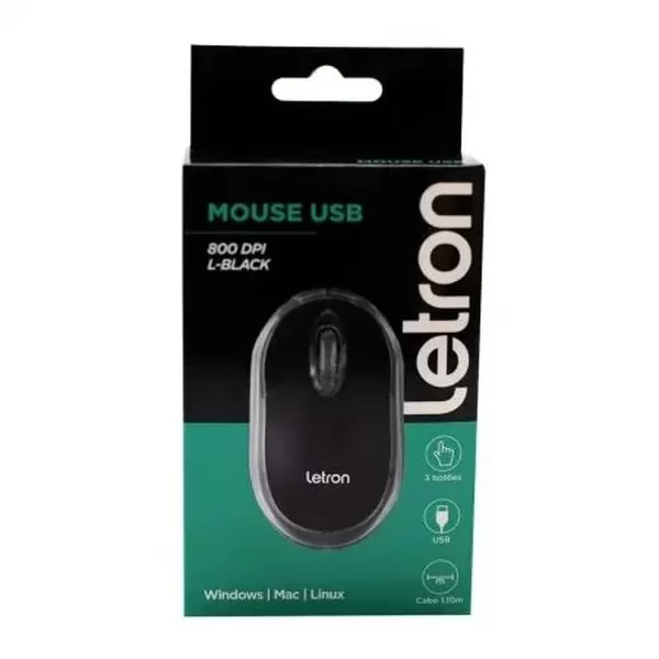 MOUSE USB 3 BOTOES 800 DPI L-BLACK 1601 R8- LETRON