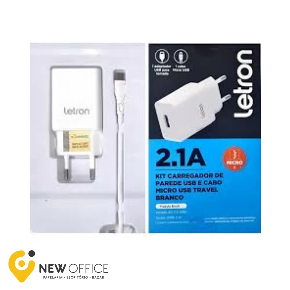 KIT CARREGADOR DE PAREDE USB E CABO MICRO USB TRAVEL BRANCO BIVOLT- LETRON