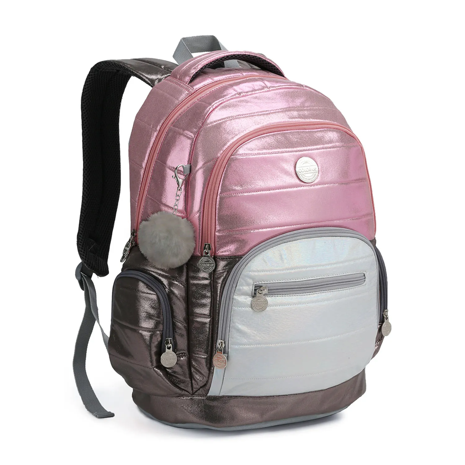 MOCHILA JUVENIL FEMININA 19 HOLOGRÁFICA C/ POMPOM- SEANITE