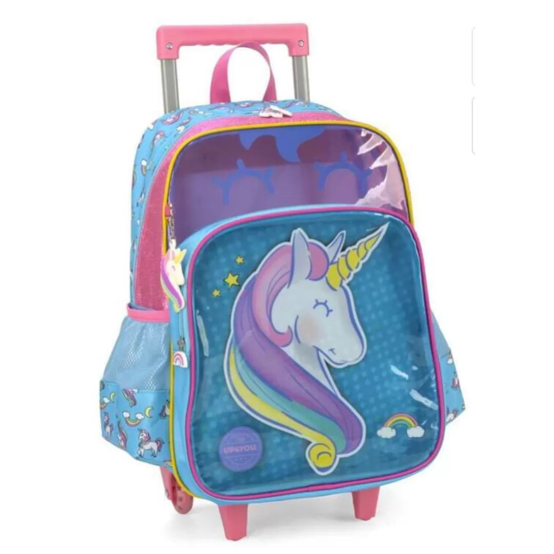 KIT MOCHILA UNICÓRNIO COM RODAS E ESTOJO BOX VERDE COM ROSA LUXCEL