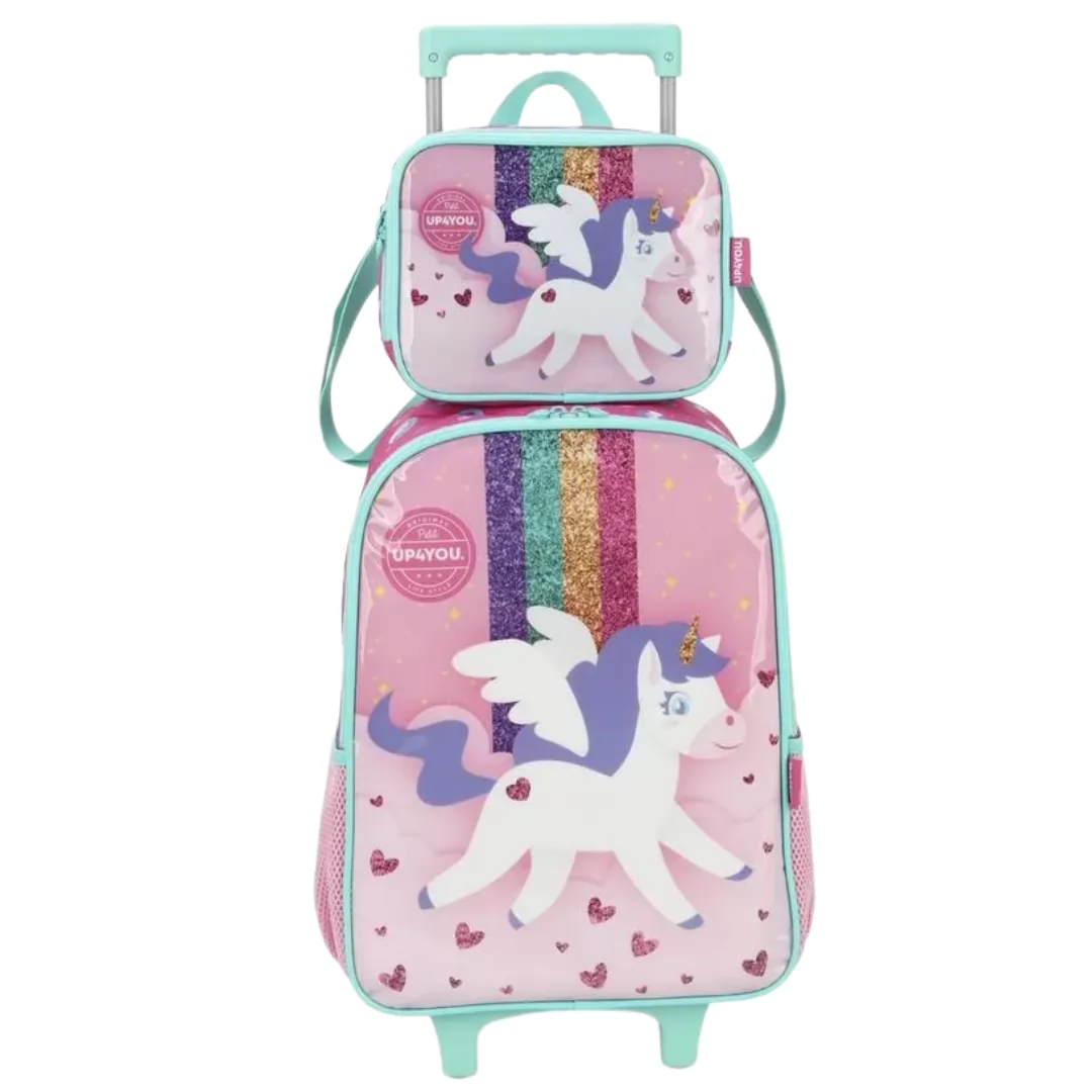 KIT MOCHILA UNICÓRNIO COM RODAS E ESTOJO BOX LILAS/COLORIDO UP4YOU LUXCEL