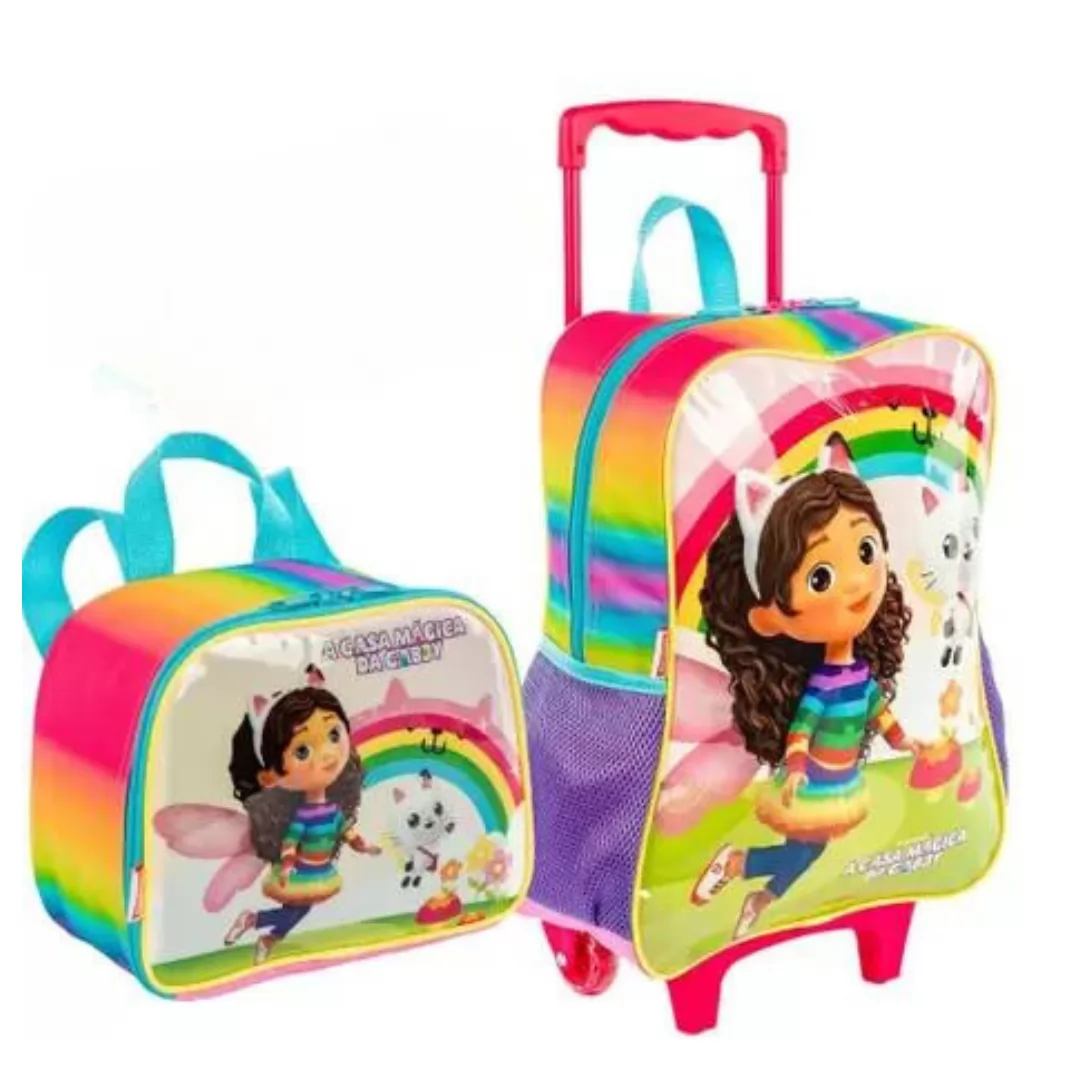 MOCHILA G COM RODAS GABBY E A CASA MÁGICA FADAS + LANCHEIRA TÉRMICA - SESTINI