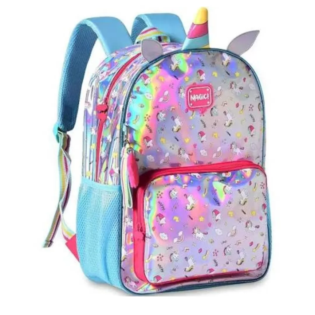 MOCHILA DE COSTAS HOLOGRÁFICA AZUL TURQUESA CHAVEIRO ESTRELA- CLIO STYLE