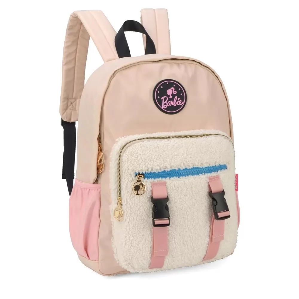 MOCHILA TAM P BARBIE DE COSTAS SINTETICA COM BOLSO TED BEGE C/ ROSA LUXCEL