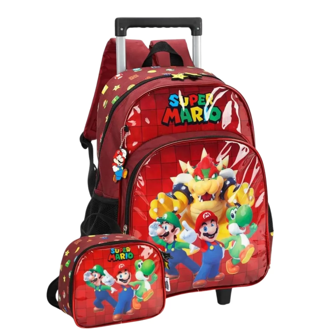 KIT MOCHILA COM RODAS SUPER MARIO+LANCHEIRA VERMELHO- LUXCEL