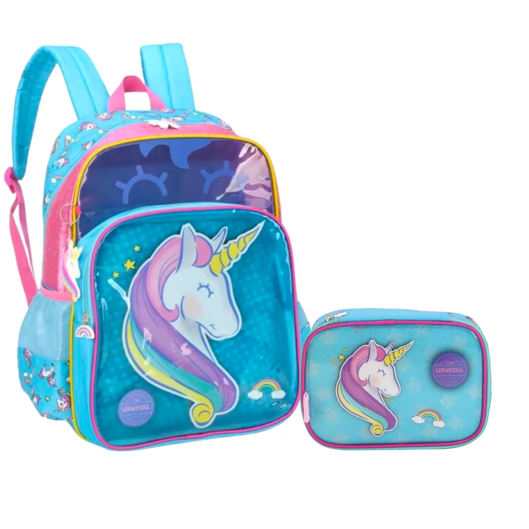 KIT MOCHILA DE COSTA + ESTOJO BOX UNICÓRNIO VERDE - LUXCEL