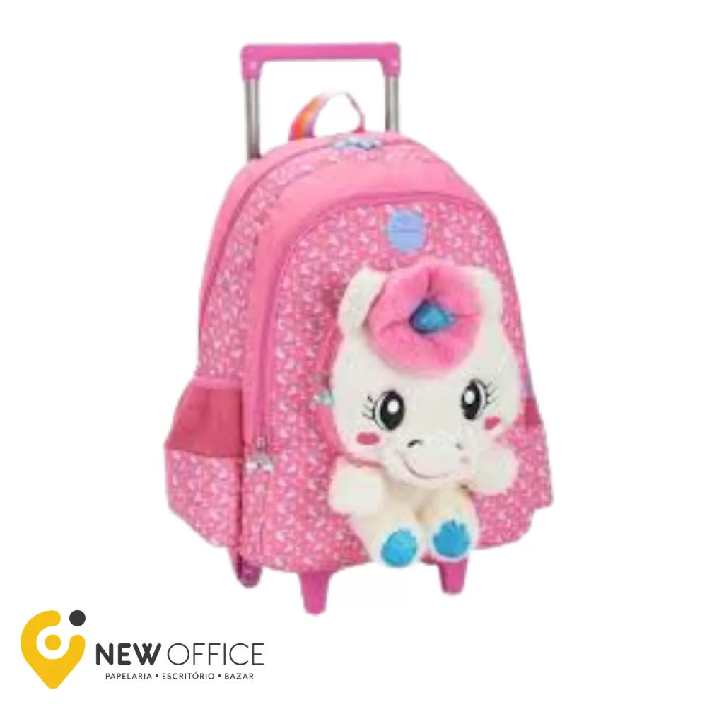MOCHILA COM RODAS UP4YOU C/ PELÚCIA UNICÓRNIO PINK - LUXCEL