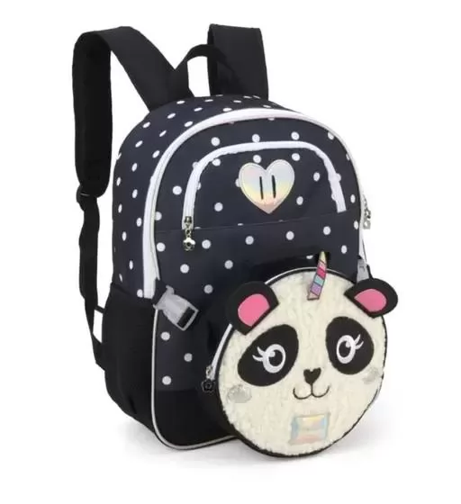 KIT MOCHILA + LANCHEIRA TÉRMICA + ESTOJO + NECESSAIRE PANDINHA POA PRETO - LUXCEL