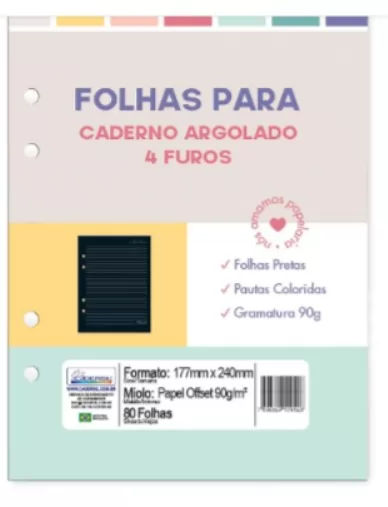BLOCO REFIL CADERNO ARGOLADO 80FLS PRETAS PAUTA COLORIDO-CADERSIL