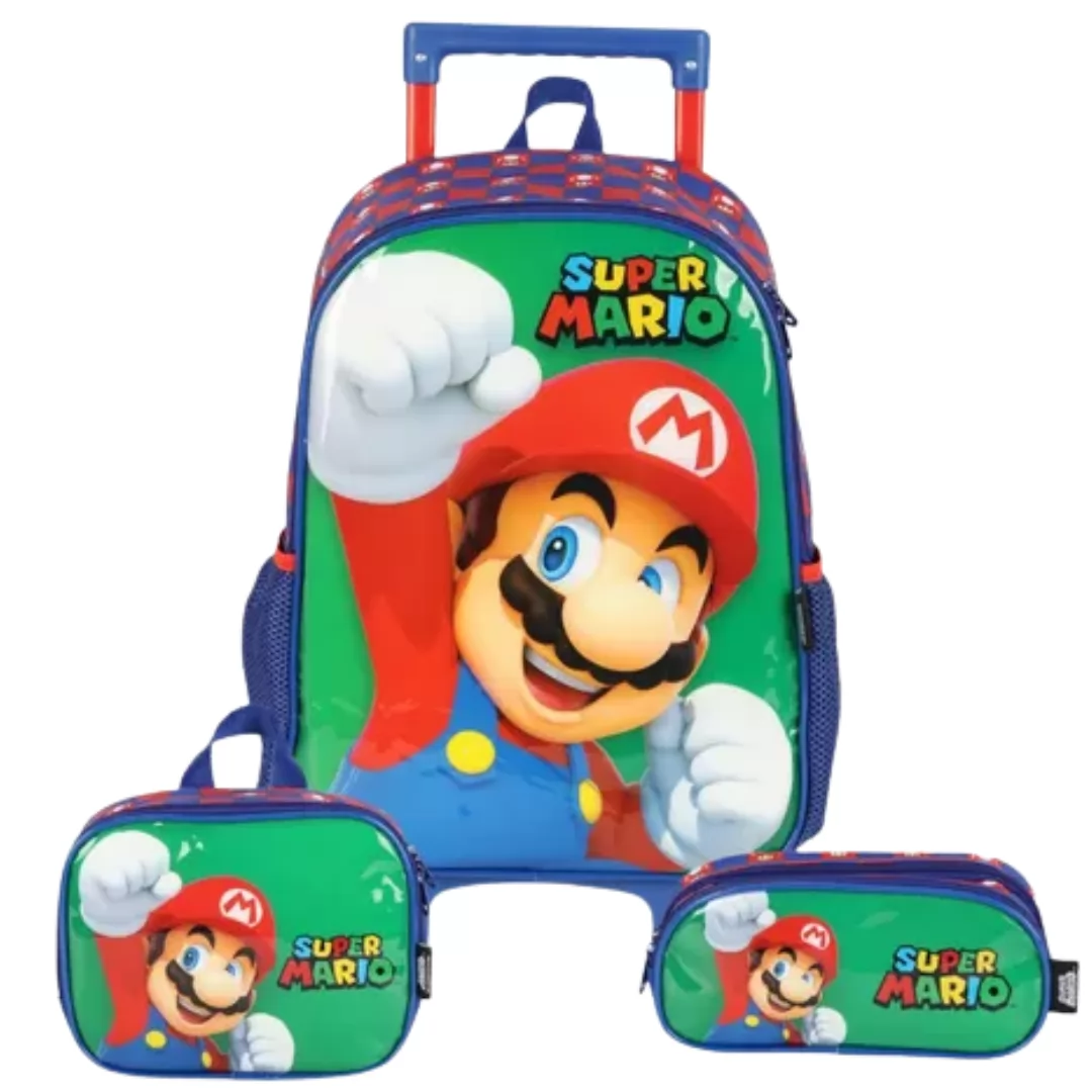 KIT MOCHILA COM RODAS SUPER MARIO+ LANCHEIRA+ESTOJO VERDE- LUXCEL
