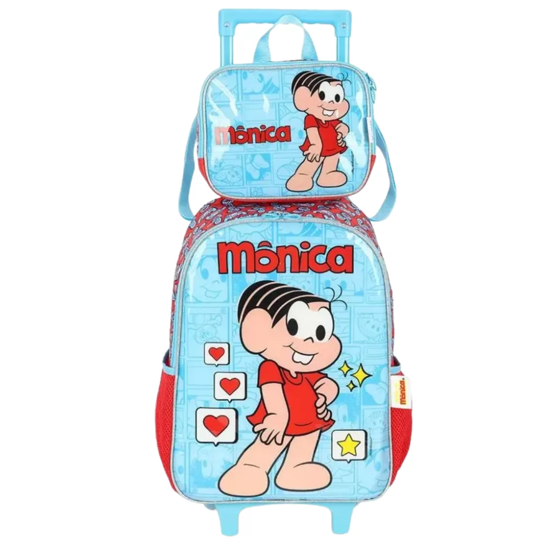 KIT MOCHILA DE RODINHA TURMA DA MONICA+LANCHEIRA AZUL-  LUXCEL