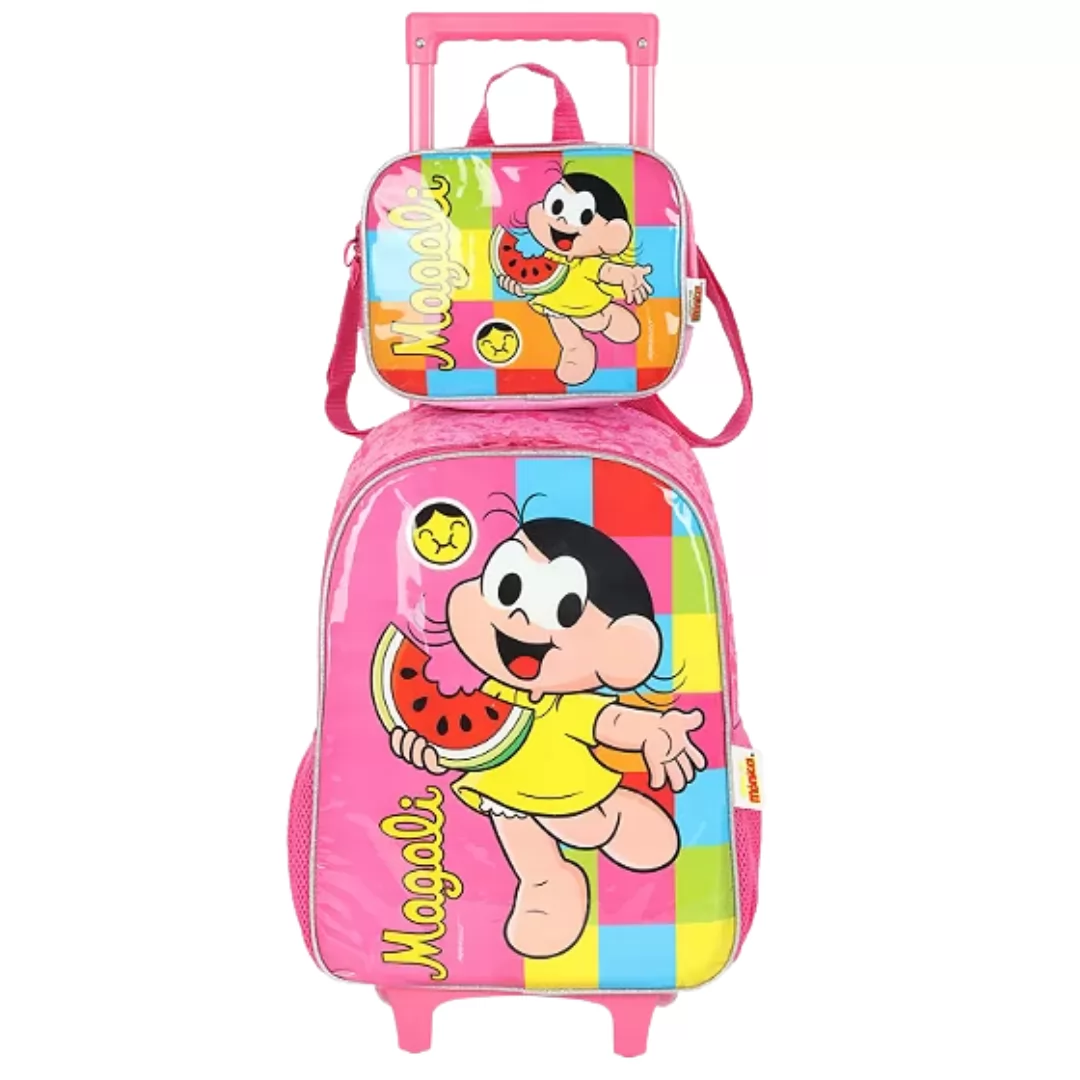 KIT MOCHILA DE RODINHA TURMA DA MONICA+LANCHEIRA ROSA-  LUXCEL
