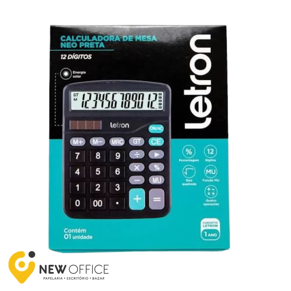 CALCULADORA DE MESA 12 DIGITOS PRETA NEO SOLAR - LETRON