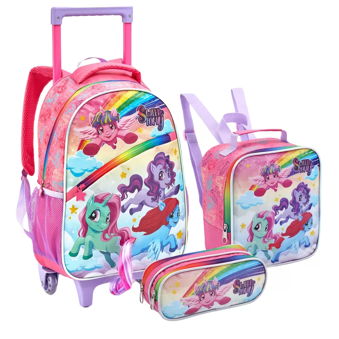 KIT MOCHILA COM RODAS + LANCHEIRA + ESTOJO + INFANTIL - SWEET PONY - SEANITE