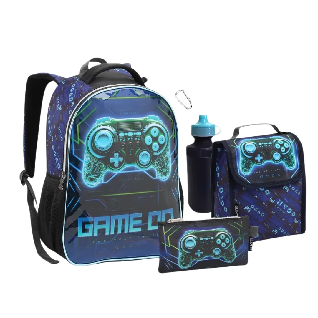 KIT MOCHILA + LANCHEIRA + ESTOJO INFANTIL MASCULINA GAME ON - SEANITE