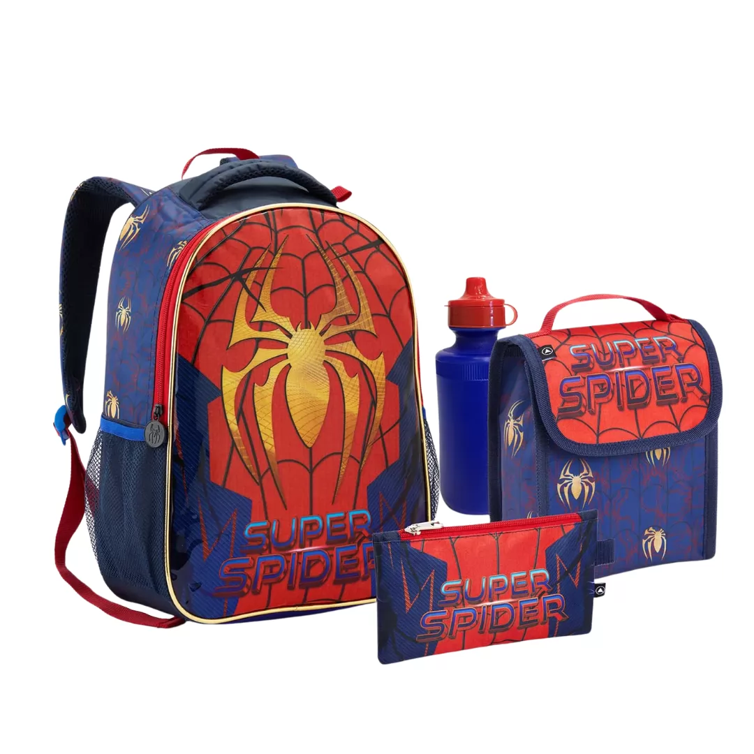 KIT MOCHILA + LANCHEIRA + ESTOJO INFANTIL + GARRAFA SUPER SPIDER- SEANITE
