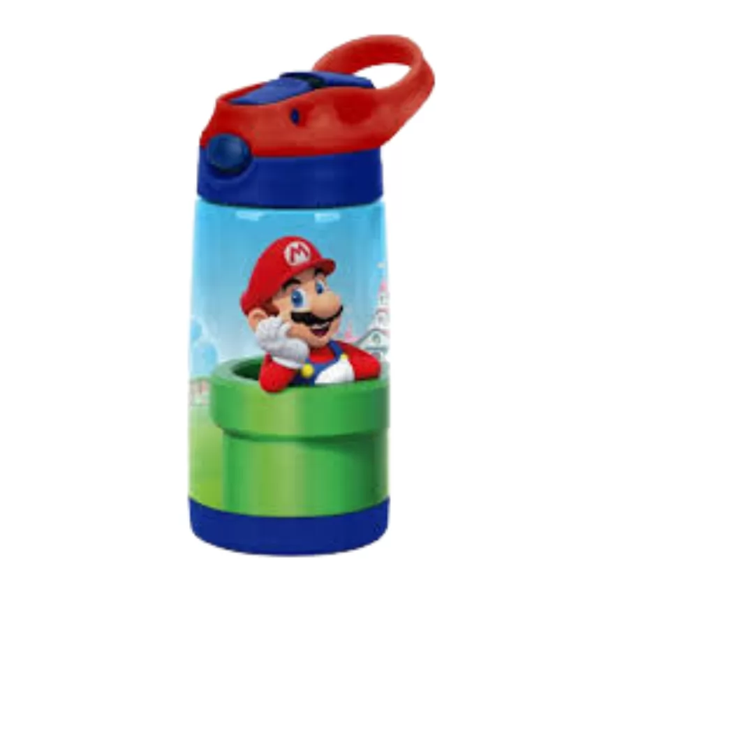 GARRAFA DE AÇO INOX AZUL  SUPER MARIO 500ML- LUXCEL