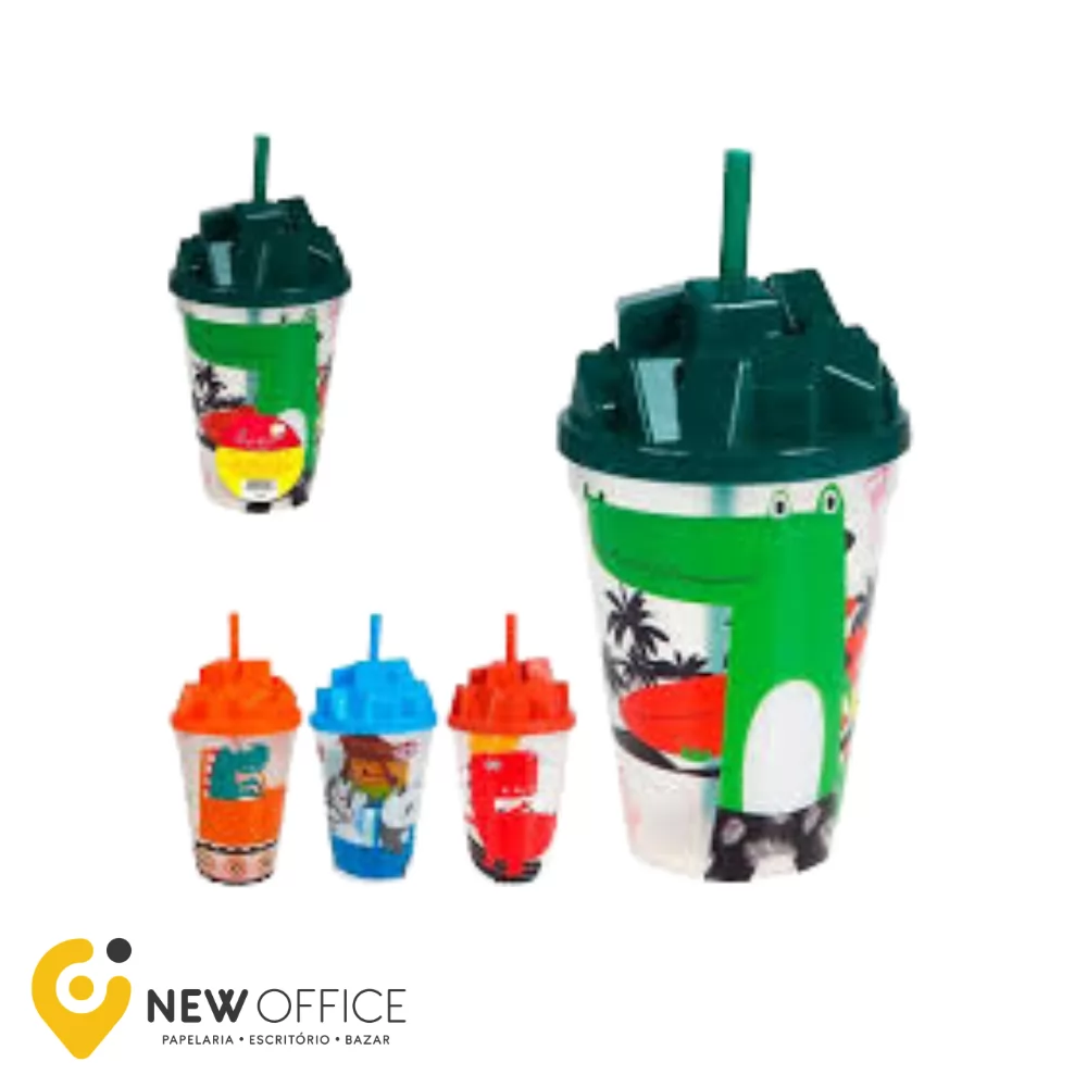 COPO PLASTICO C/ PEGADOR E CANUDO TAMPA ANIMAIS INFANTIL 250ML - XH IMPORT