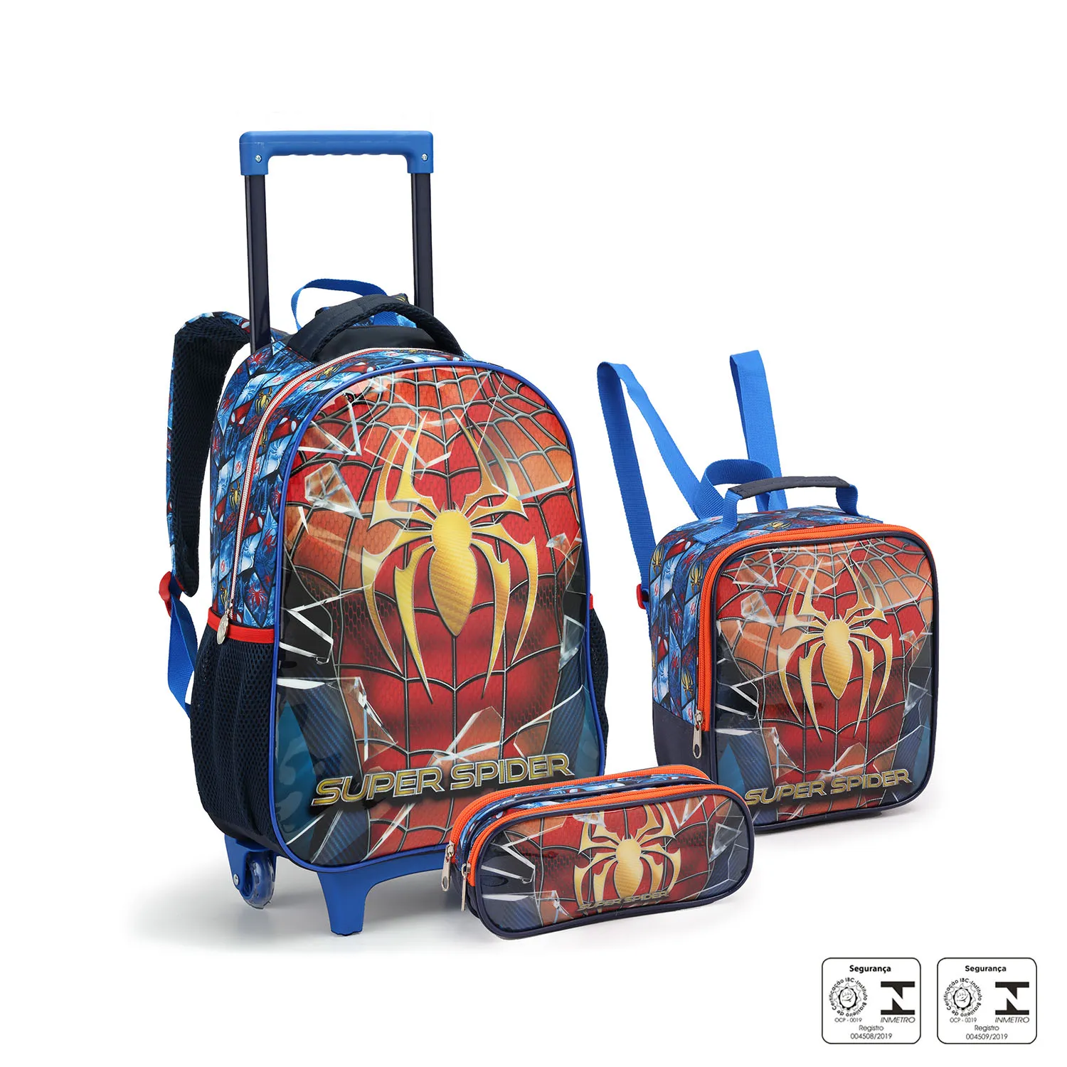 KIT MOCHILA DE RODINHA INFANTIL MASCULINA+ ESTIOJO SUPER SPIDER- SEANITE