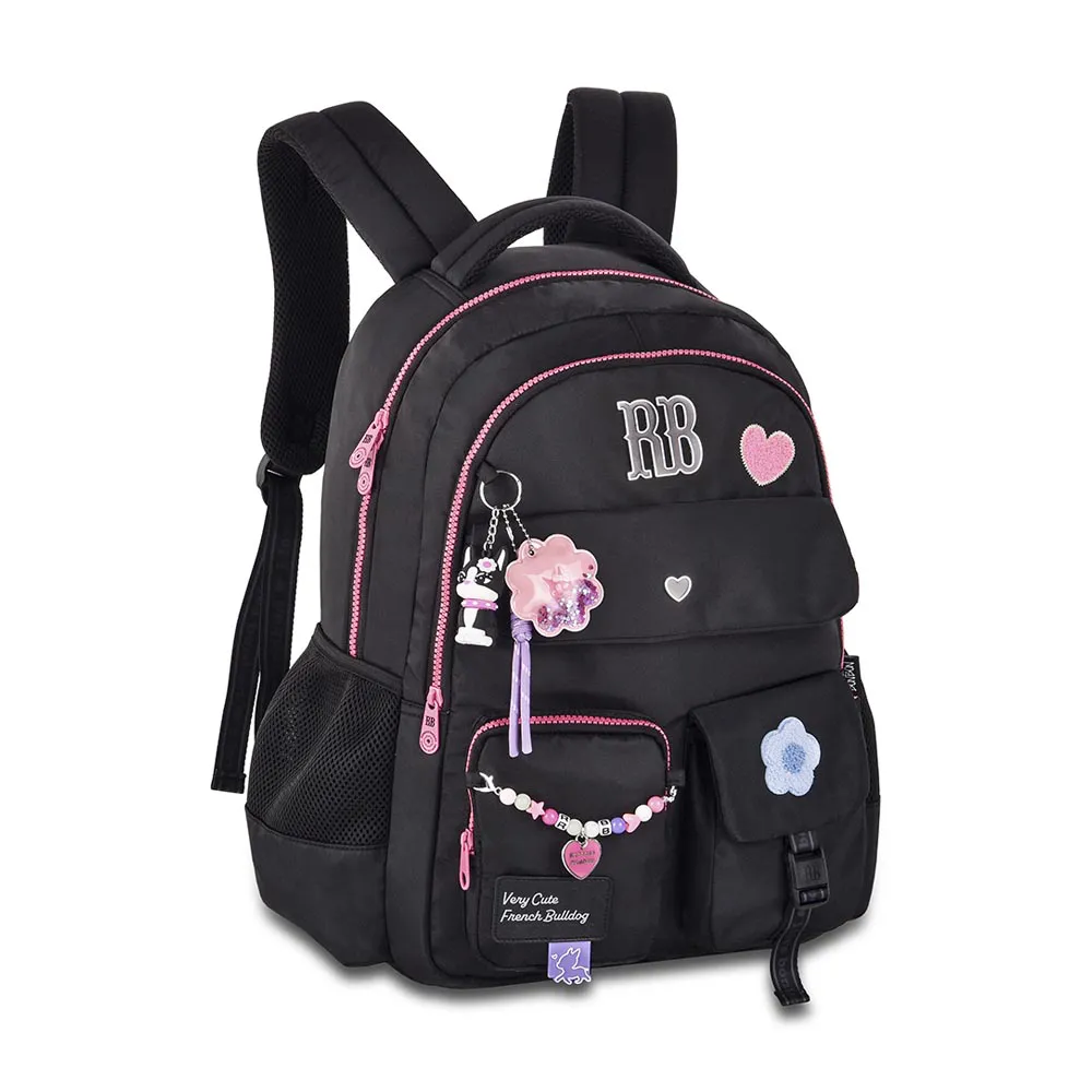 MOCHILA DE COSTAS JUVENIL REBECA BOMBON PRETO E ROSA 17,5- CLIO