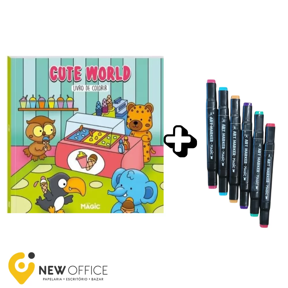 LIVRO DE COLORIR C/6 MARCADORES PONTA DUPLA CUTE WORLD - MAGIC