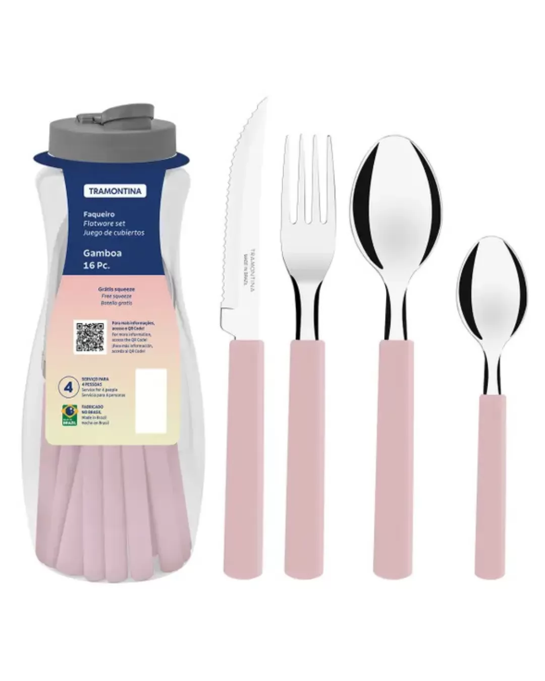 FAQUEIRO INOX 16PC GAMBOA ROSA - SORTIDOS COM LAMINAS DE ACO INOX E CABOS DE POLIPROPILENO