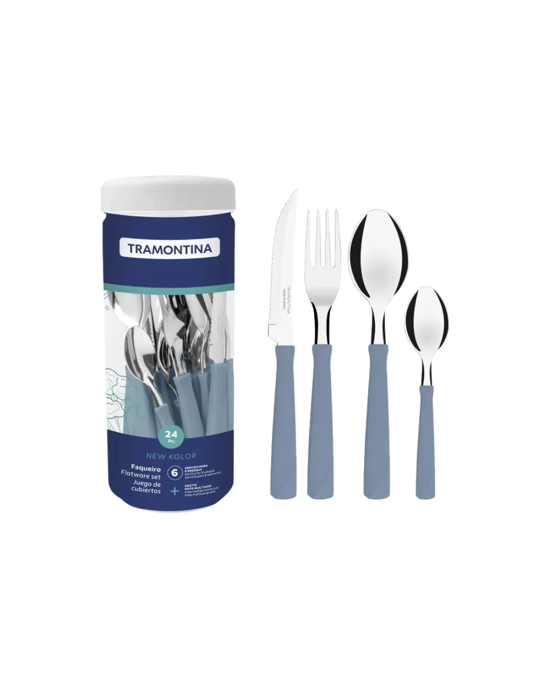 FAQUEIRO INOX 24PC NEW KOLOR AZUL - SORTIDOS COM LAMINAS DE ACO INOX E CABOS DE POLIPROPILO