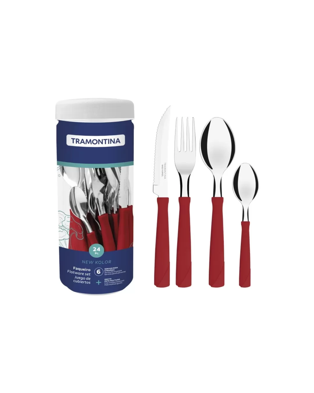 FAQUEIRO INOX 24PC NEW KOLOR VERMELHO - SORTIDOS COM LAMINAS DE ACO INOX E CABOS DE POLIPR